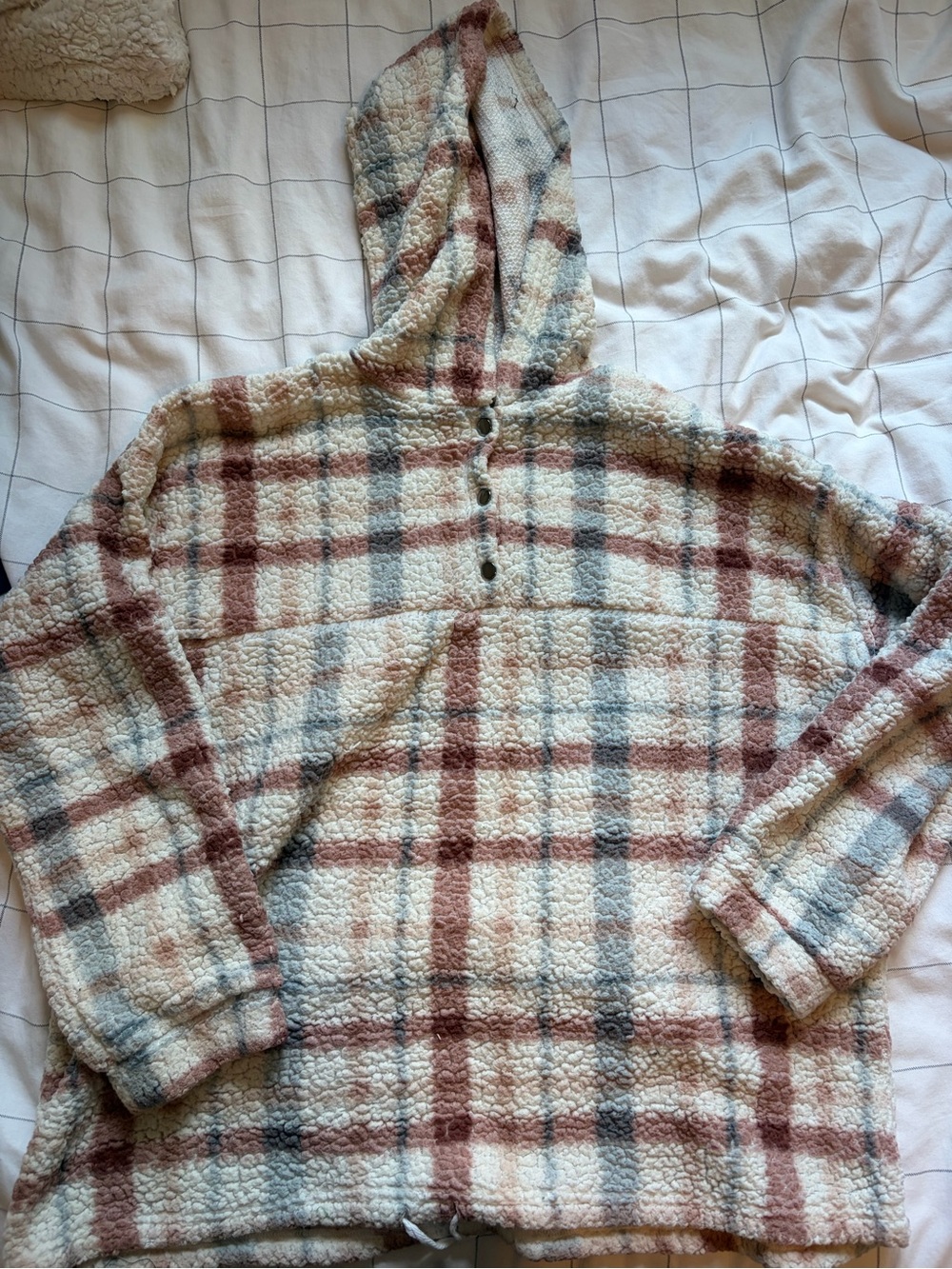 Cozy Plaid Sherpa Hoodie - Cream, Rust & Gray